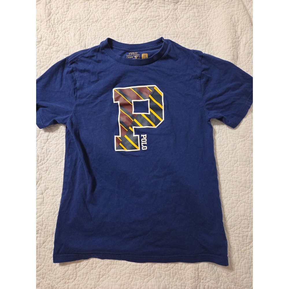 Polo Ralph Lauren Boys M 10-12‎ T Shirt Blue Short Sleeve P Logo Graphic